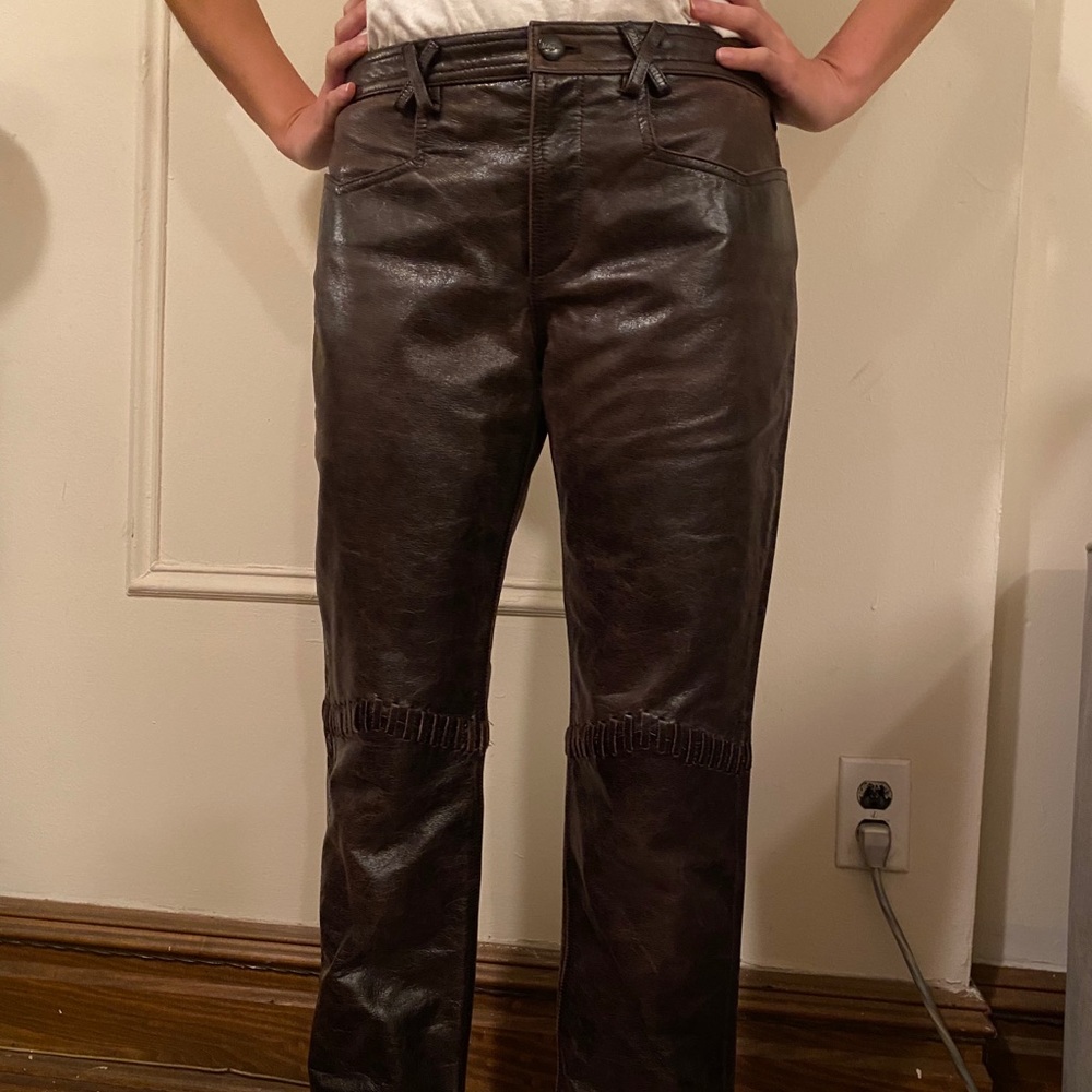 Y2K vintage leather pants, brown, size 4